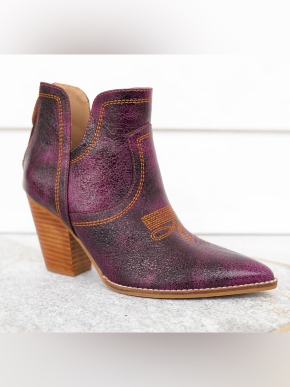 Women's Purple Distressed Leather Ankle Bootie